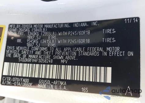 2015 Toyota Highlander Le Plus V6 from USA, damaged, VIN 5TDZKRFH4FS058248